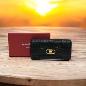 Salvatore Ferragamo Embossed Leather Long Wallet w/Mirror in Box EUC